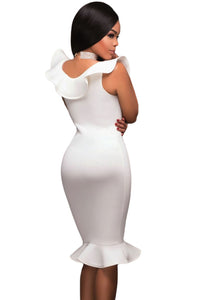 Sexy White Ruffle Neckline Mermaid Hem Midi Dress