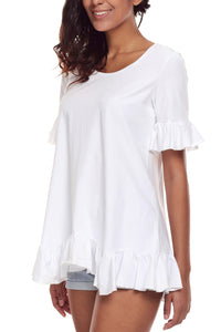 Sexy White Ruffle Trim Short Sleeve Flowy Top
