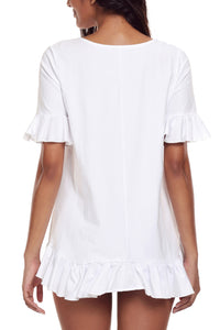 Sexy White Ruffle Trim Short Sleeve Flowy Top