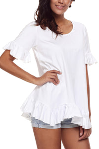 Sexy White Ruffle Trim Short Sleeve Flowy Top