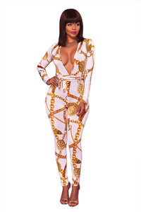 Sexy White Sexy Deep V Neck Gold Chain Print Skinny Jumpsuit