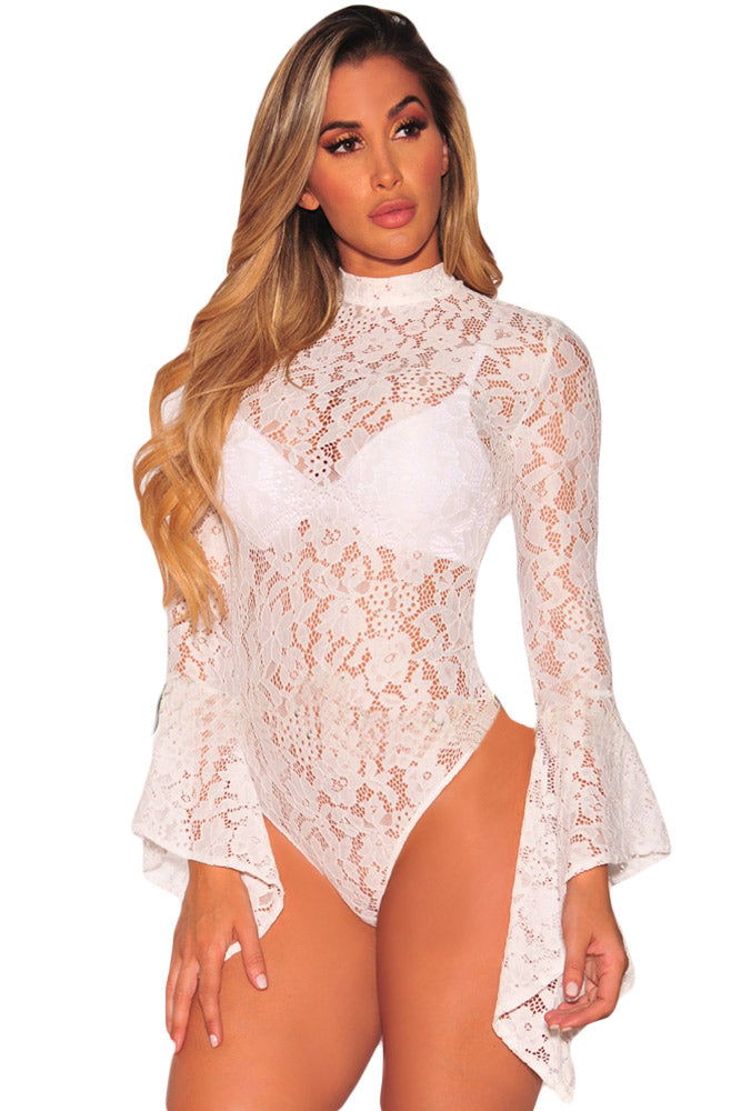 Sexy White Sheer Floral Lace Long Bell Sleeve Bodysuit – SEXY AFFORDABLE  CLOTHING
