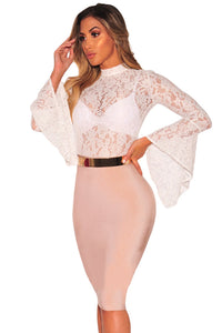 Sexy White Sheer Floral Lace Long Bell Sleeve Bodysuit