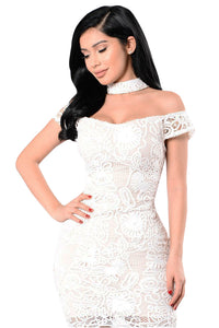 Sexy White Short Sleeve Off Shoulder Lace Bodycon Dress