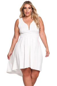 Sexy White Sleeveless V Neck Plus Size Hi-lo Dress