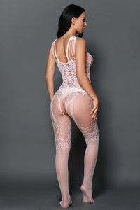 Sexy White Strappy Shoulders Floral Motif Mesh Body Stockings