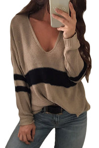 Sexy White Strip Khaki V Neck Sweater