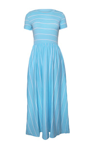 Sexy White Striped Light Blue Short Sleeve Maxi Dress
