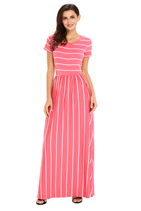 Sexy White Striped Rosy Short Sleeve Maxi Dress