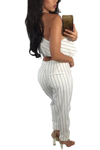Sexy White Striped Ruffle Top and Pant Set