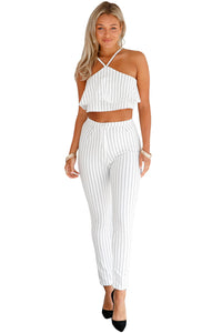 Sexy White Striped Ruffle Top and Pant Set