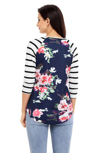 Sexy White Striped Sleeves Navy Floral Top