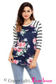 Sexy White Striped Sleeves Navy Floral Top
