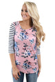 Sexy White Striped Sleeves Pink Floral Top