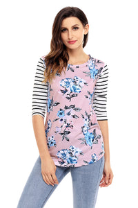 Sexy White Striped Sleeves Pink Floral Top