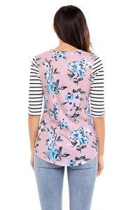 Sexy White Striped Sleeves Pink Floral Top