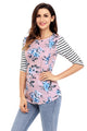 Sexy White Striped Sleeves Pink Floral Top