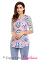 Sexy White Striped Sleeves Pink Floral Top