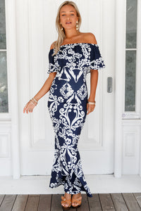 Sexy White Tendril Print Navy Off-the-shoulder Maxi Dress