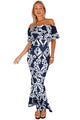 Sexy White Tendril Print Navy Off-the-shoulder Maxi Dress