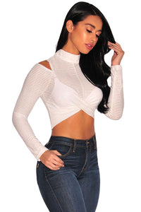 Sexy White Textured Arched Long Sleeves Crop Top