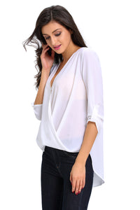 Sexy White V Neck Ruffle Loose Fit Blouse Top