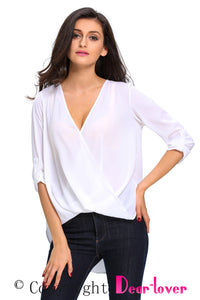 Sexy White V Neck Ruffle Loose Fit Blouse Top