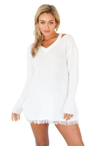 Sexy White V Neck Waffle Knit Sweater