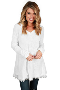 Sexy White V Neck Waffle Knit Sweater