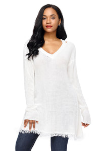 Sexy White V Neck Waffle Knit Sweater