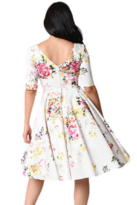 Sexy White Vintage Style Floral Half Sleeve Swing Dress