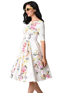 Sexy White Vintage Style Floral Half Sleeve Swing Dress