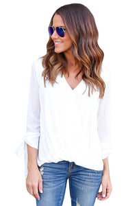 Sexy White Womens V Neck Ruched Tie Sleeve Top