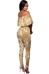 Sexy White Yellow Tapestry Print Belted Jumpsuit