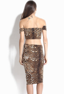 Sexy Wild Leopard Skirt Set With Alluring Drop Shoulder Top