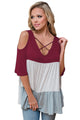 Sexy Wine Color Block Criss Cross V Neck Cold Shoulder Top