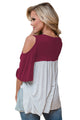 Sexy Wine Color Block Criss Cross V Neck Cold Shoulder Top