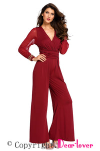 Sexy Wine Embellished Cuffs Long Mesh Sleeves Jumpsuit