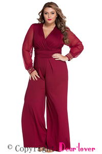 Sexy Wine Embellished Cuffs Long Mesh Sleeves Jumpsuit
