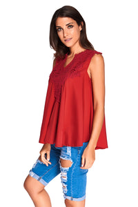 Sexy Wine Embroidered Applique V Neck Blouse Top