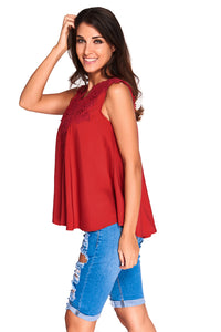Sexy Wine Embroidered Applique V Neck Blouse Top