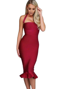 Sexy Red Halter Mermaid Midi Bodycon Bandage Dress with Flare