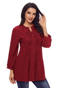 Sexy Wine Lace and Pleated Detail Button up Blouse