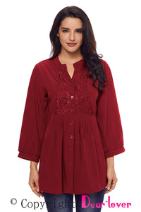 Sexy Wine Lace and Pleated Detail Button up Blouse