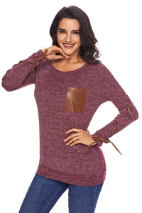 Sexy Wine Lace up Sleeve Front Pocket Women's Casual Top