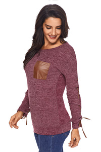 Sexy Wine Lace up Sleeve Front Pocket Women's Casual Top