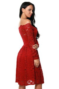 Sexy Wine Long Sleeve Floral Lace Boat Neck Cocktail Swing Dress