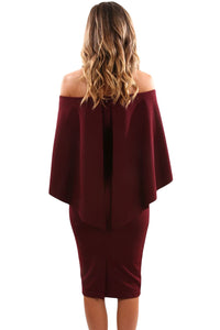 Sexy Wine Luxurious Off Shoulder Batwing Cape Midi Dress