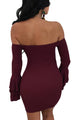 Sexy Wine Off The Shoulder Ruffled Sleeve Ribbed Mini Dress