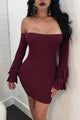 Sexy Wine Off The Shoulder Ruffled Sleeve Ribbed Mini Dress